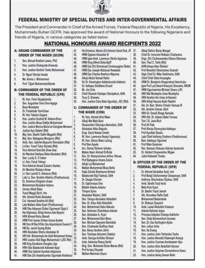 Full L﻿ist of Nigerians Who Received 2022 National Honours and What the Awards Mean