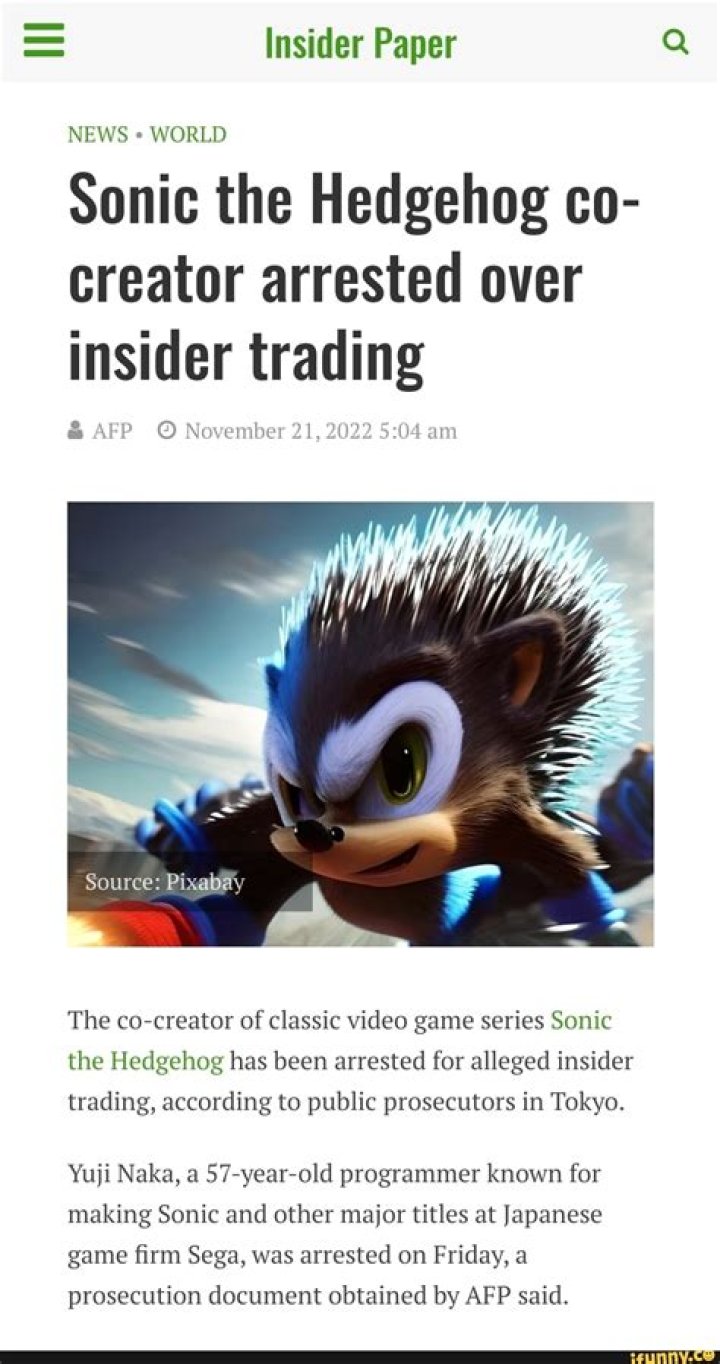 Sonic the Hedgehog co-creator arrested over insider trading