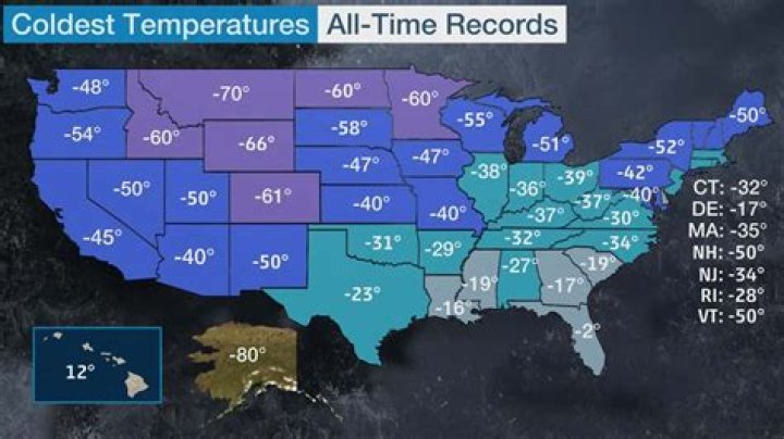 10 coldest states in the US and their record lowest temperatures