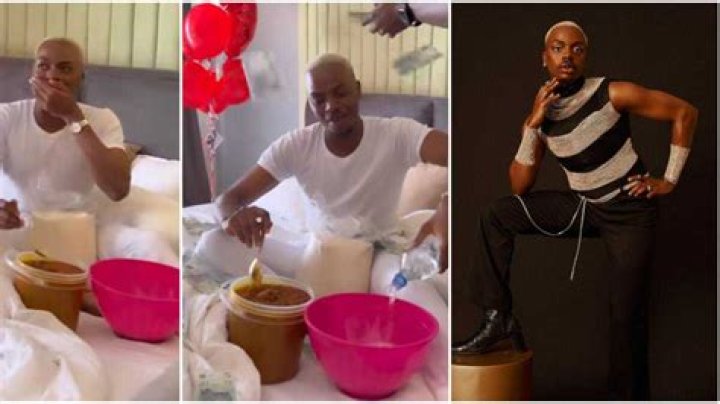 Stunning Moment Enioluwa Receives Beans & Garri As Birthday Package From Friends in a Pool of 20 Naira Notes
