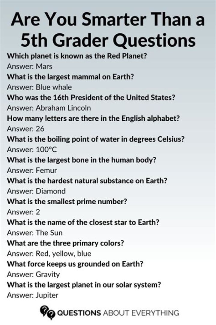 "Are you smarter than a 5th grader" questions and answers